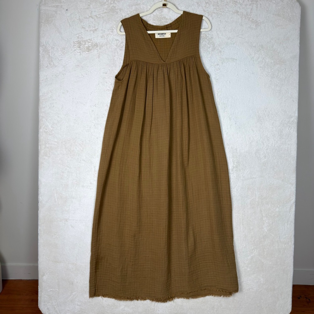 Go Gently Nation 100% Organic Cotton Gauze V-Neck Sleeveless Maxi Dress Brown M